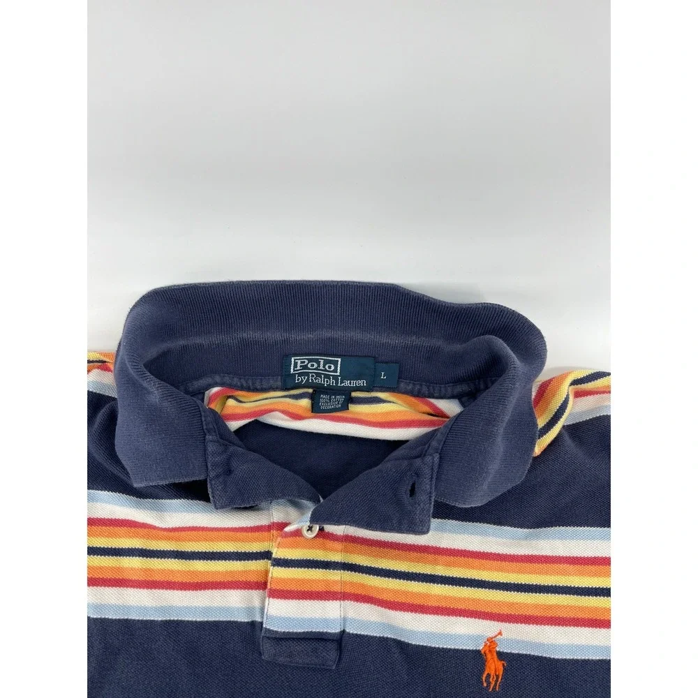 Polo Ralph Lauren Mens Large Navy Blue Multi Color Striped Cotton Polo Shirt L